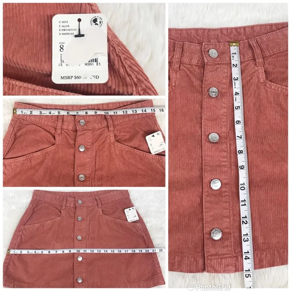 FREE PEOPLE Ray Button Front Corduroy‎ Mini Skirt Rust Pink Fall Size 8 New